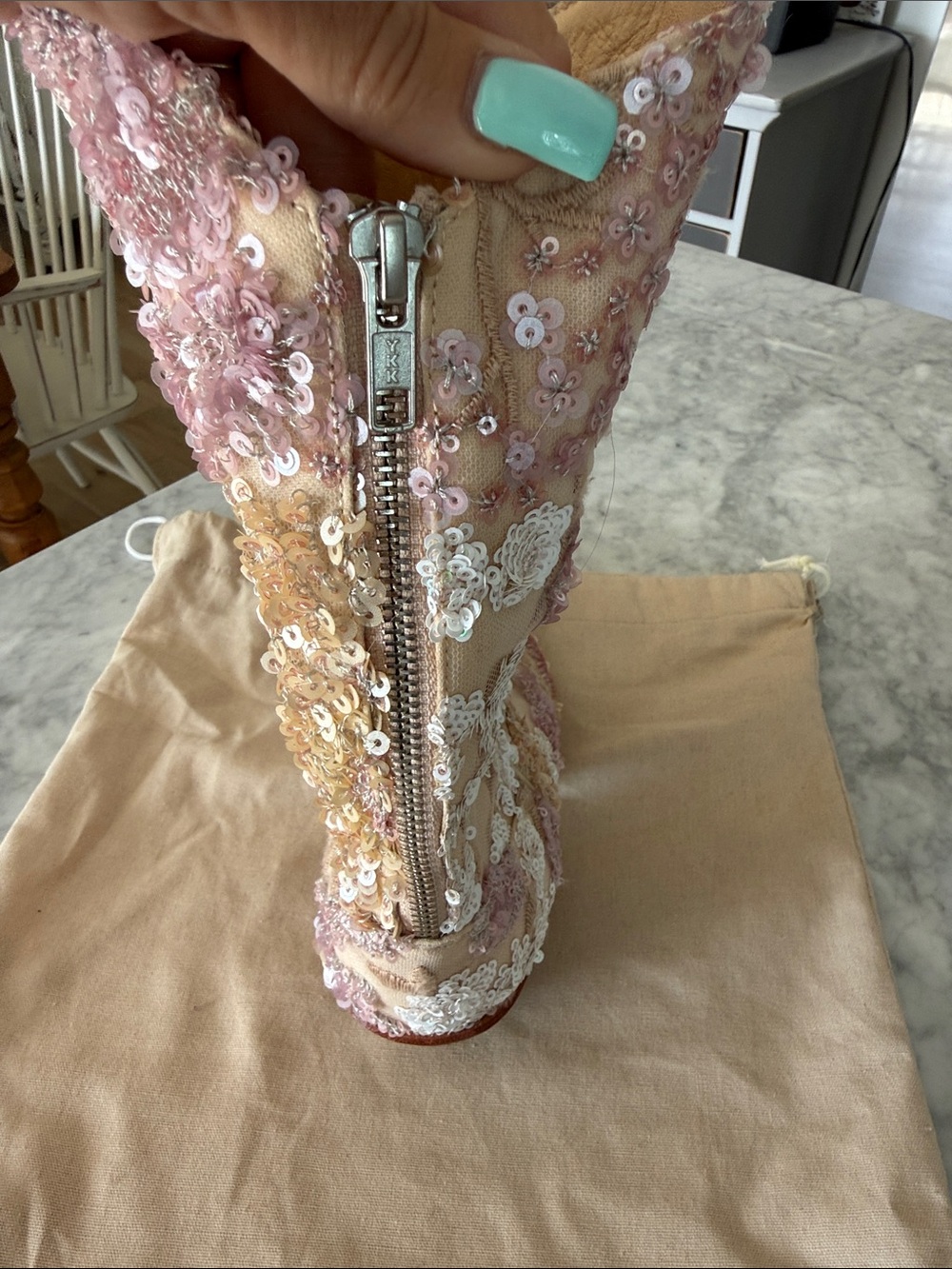 Momo New York Beige & Pink Sequin Embroidered artisan made Women's Boots - Picture 5 of 8